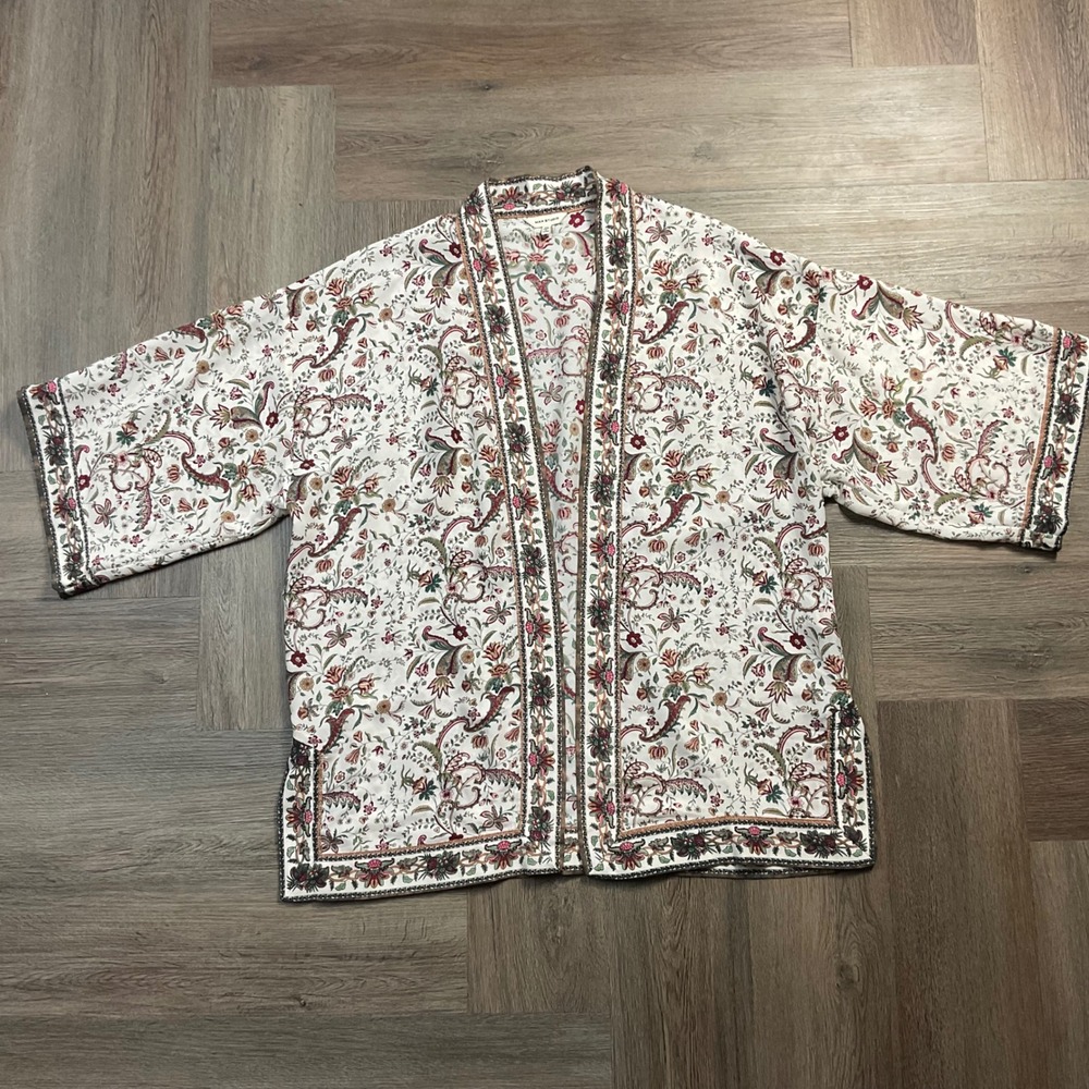 Max Studio Floral Kimono Open Front Boho Cardigan Womens Medium Cream Burgandy